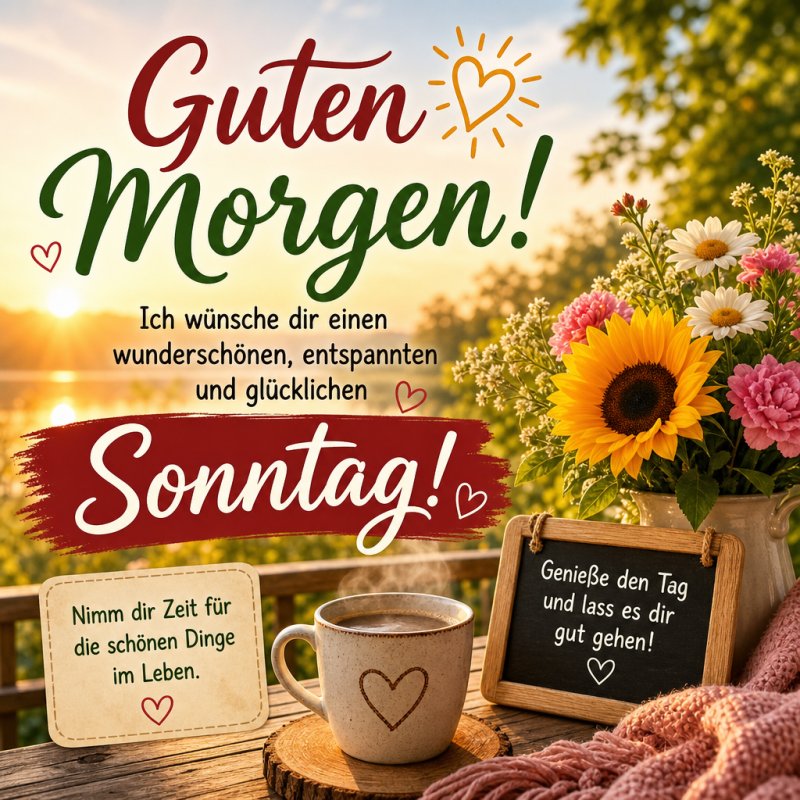 Ein Tisch mit einer Tasse Kaffee, Blumenstrauß und Tafeln mit positiven Botschaften vor einem sonnigen Seepanorama sorgt für einen warmen Guten-Morgen-Gruß.