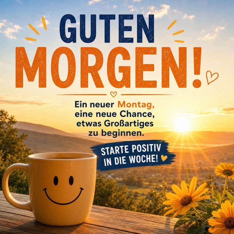 Ein lächelnder Kaffeebecher vor sonniger Landschaft und Blumen vermittelt einen positiven Guten-Morgen-Gruß für den Montag.