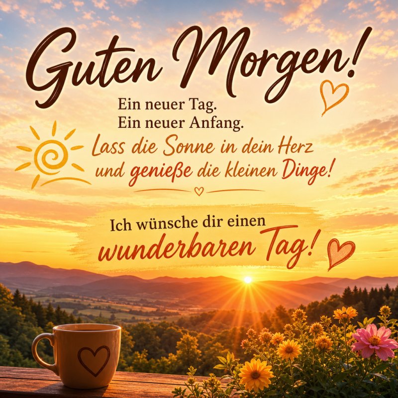 Ein Sonnenaufgang über einer Waldlichtung mit einer Tasse Kaffee im Vordergrund und motivierenden Guten-Morgen-Gruß-Texten in warmer Stimmung.