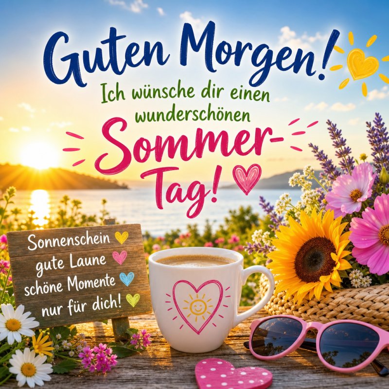 Ein strahlender Guten Morgen mit Sonnenblumen, einer Herz-Tasse, Sonnenbrille und Sommerblumen am Seeufer, der Sommerstimmung verbreitet.