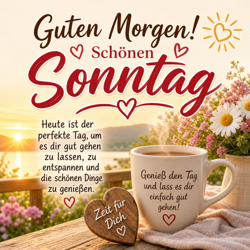 Ein sonniger Sonntagmorgen mit dampfender Kaffeetasse und Blümchen auf einem Holztisch, passend für einen herzlichen Guten-Morgen-Gruß mit positiver Botschaft.