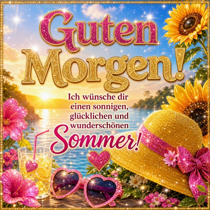 Ein lebendiger Guten-Morgen-Gruß mit glitzerndem Text, Sonnenhüten, Sonnenbrillen und Sonnenblumen am Seeufer in strahlendem Sonnenschein.