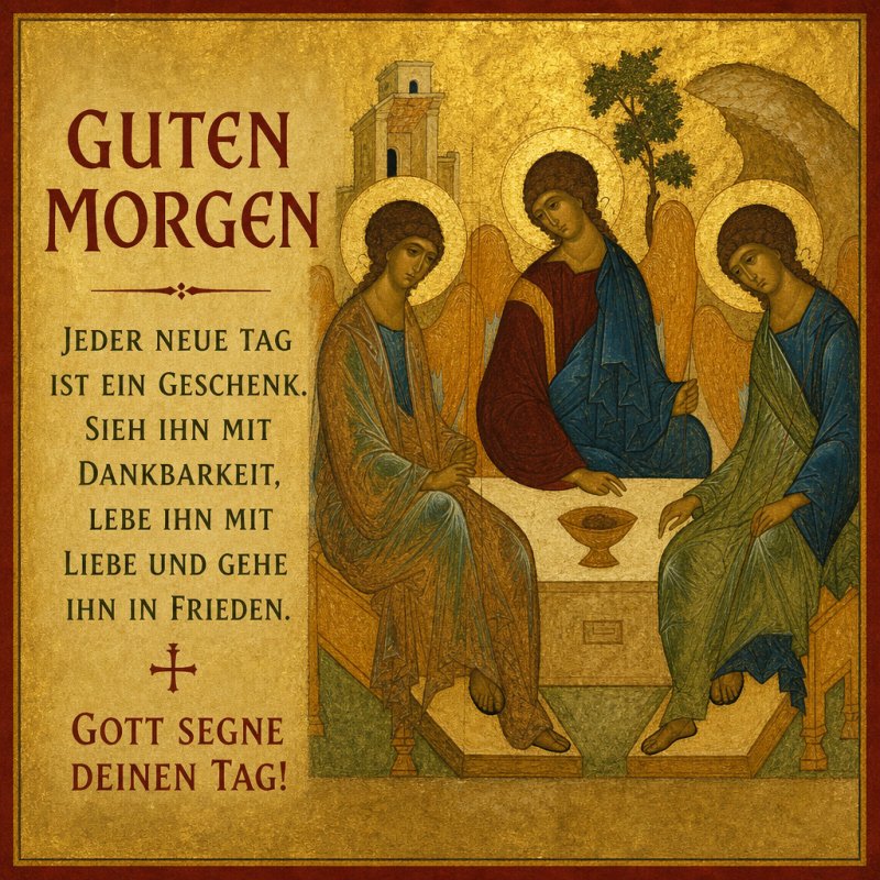 Ein ikonisches Bild zeigt drei Heilige bei einer spirituellen Zusammenkunft, begleitet von einem inspirierenden Guten-Morgen-Gruß in goldenen Tönen.