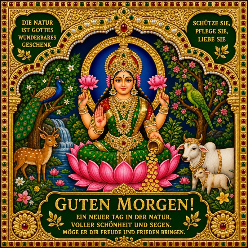 Ein farbenfrohes, spirituelles Bild mit einer Göttin auf einer Lotosblume, umgeben von Tieren und Natur, bietet einen „Guten Morgen“-Gruß voller Harmonie.