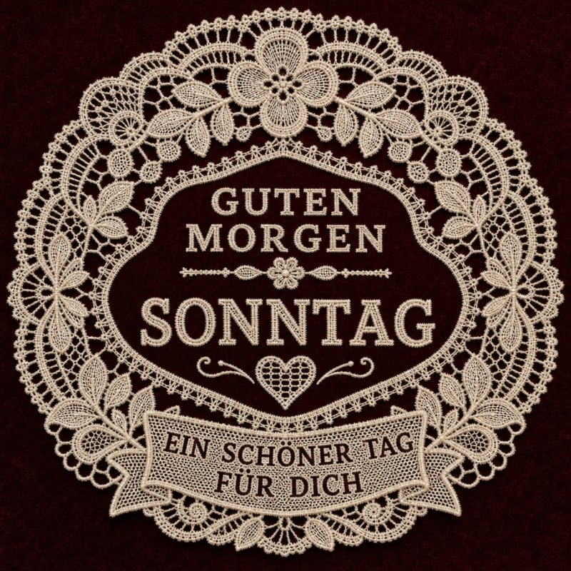 Ein aufwendig gestaltetes Spitzendeckchen mit Blumenmuster, das die Aufschrift 'Guten Morgen Sonntag' in der Mitte trägt, verleiht diesem Guten-Morgen-Gruß Eleganz.
