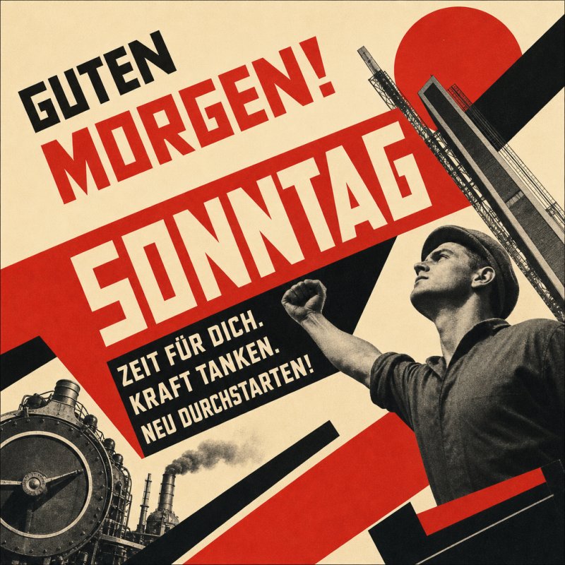 Ein dynamisches, retro-stilisiertes Poster zeigt einen entschlossenen Mann vor Industrieanlagen mit dem Schriftzug 'Guten Morgen' und motiviert zum Sonntag.