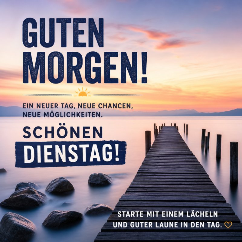 Ein Steg erstreckt sich ins ruhige Wasser unter einem klaren Himmel bei Sonnenaufgang, ergänzt von einem motivierenden Guten-Morgen-Gruß für Dienstag.