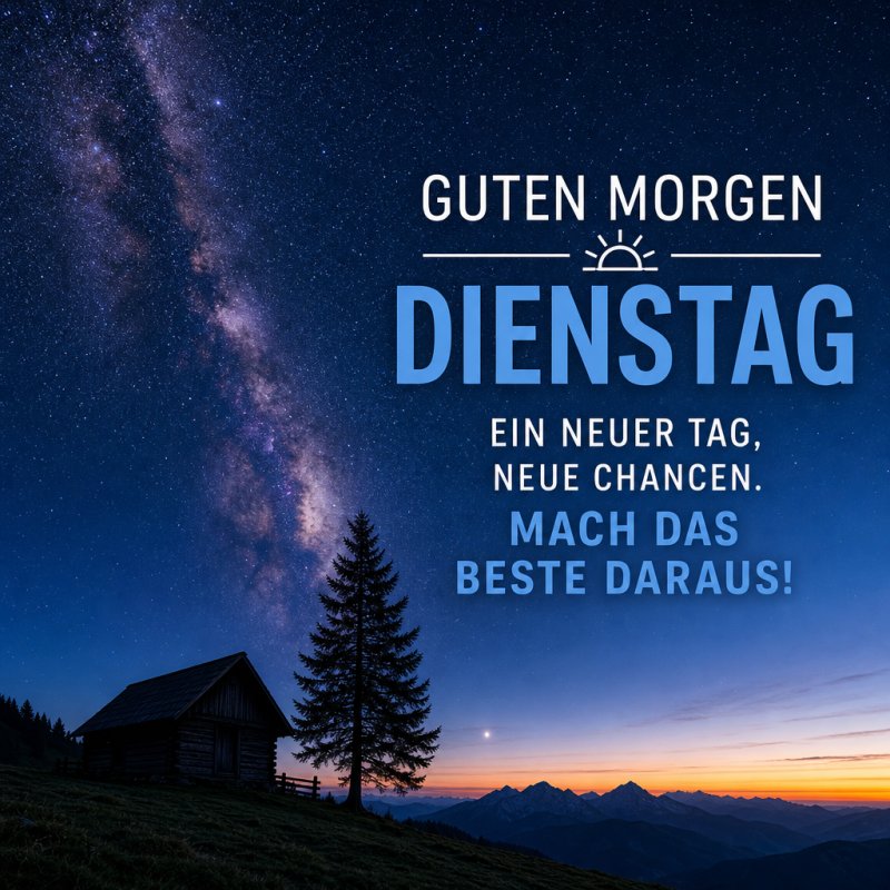 Ein beeindruckender Guten-Morgen-Gruß zeigt eine sternenklare Nacht mit einer Berghütte und einem Baum im Vordergrund vor einem leuchtenden Himmel.
