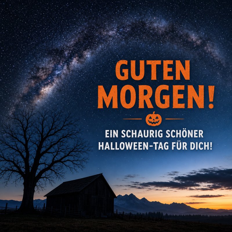 Eine stimmungsvolle Guten-Morgen-Grußkarte zeigt einen klaren Sternenhimmel mit Milchstraße über einer einsamen Hütte in einer Herbstlandschaft.