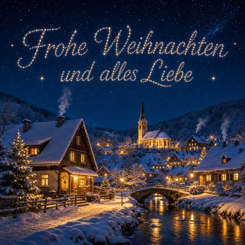 Ein Guten-Morgen-Gruß als klare Fotografie: Ein winterliches Dorf bei Dämmerung, mit warm beleuchteten Häusern und Weihnachtsgrüßen aus funkelnden Sternen am Nachthimmel.