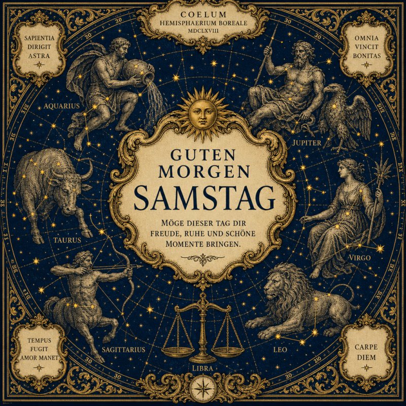 Ein nostalgischer Guten-Morgen-Gruß zeigt Tierkreiszeichen und Planeten in einem antiken Sternkarten-Stil, umgeben von lateinischen Schriftzügen.