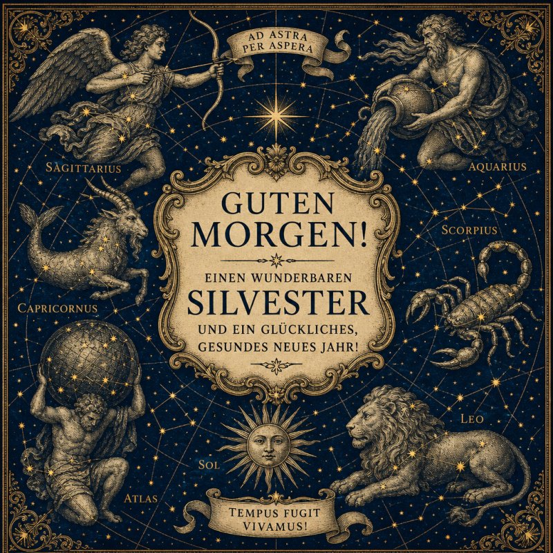 Ein Guten-Morgen-Gruß zeigt ein kunstvolles Sternzeichen-Design mit astrologischen Figuren und Neujahrsbotschaften in einem nostalgischen Stil.