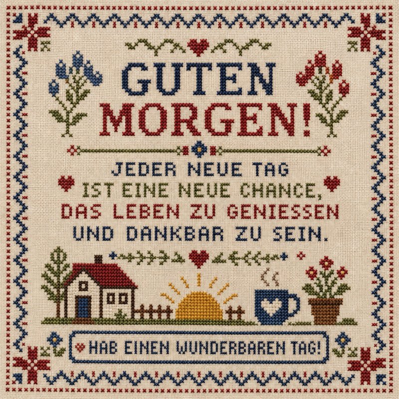 Ein traditioneller Stickrahmen mit dem Schriftzug 'Guten Morgen' zeigt ländliches Design, Blumen und ein Haus mit Sonnenaufgang als positiven Guten-Morgen-Gruß.