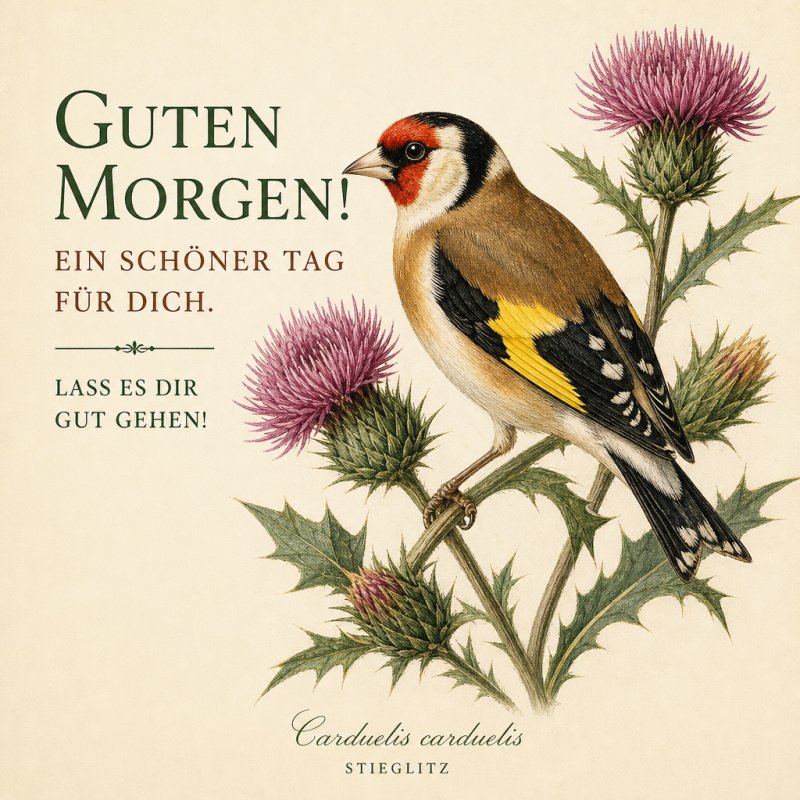 Ein Stieglitz sitzt auf blühenden Distelblüten mit der Aufschrift 'Guten Morgen' als fröhlicher Start in den Tag auf dieser Grußkarte.