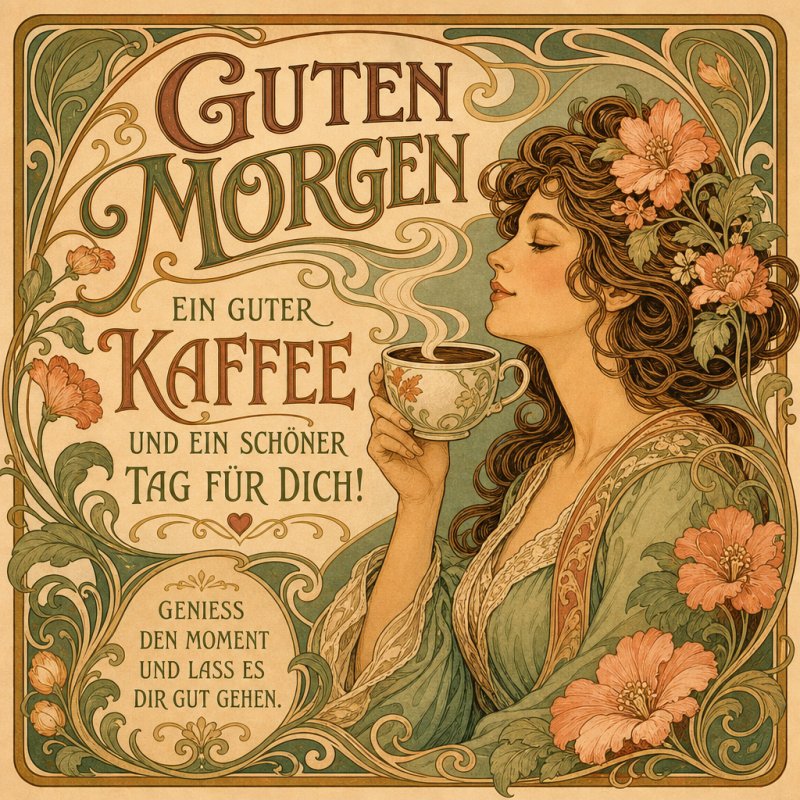 Eine elegante Frau im Jugendstil hält eine Tasse Kaffee in der Hand, umgeben von Blumen, als Teil eines kunstvollen Guten-Morgen-Grußes.