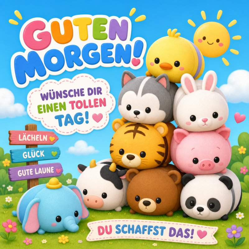 Eine fröhliche Stofftierpyramide mit Tieren wie Katze, Tiger und Panda auf einer Wiese unter einem strahlenden Himmel als Guten-Morgen-Gruß.