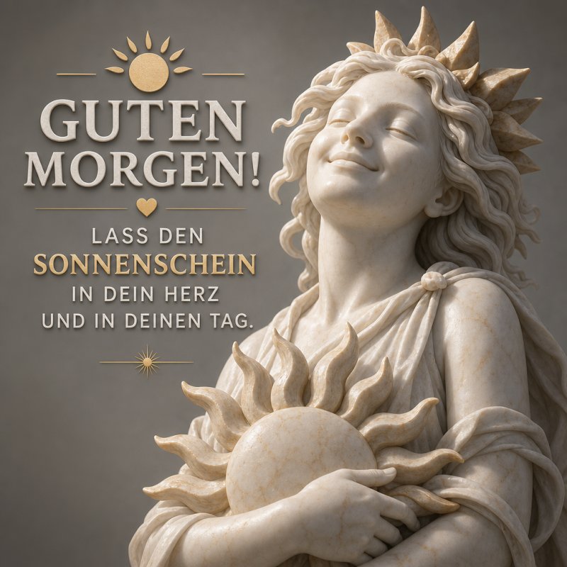 Eine Marmorstatue mit strahlendem Lächeln und Sonne in den Händen als Guten-Morgen-Gruß, vermittelt eine friedliche und sonnige Stimmung.