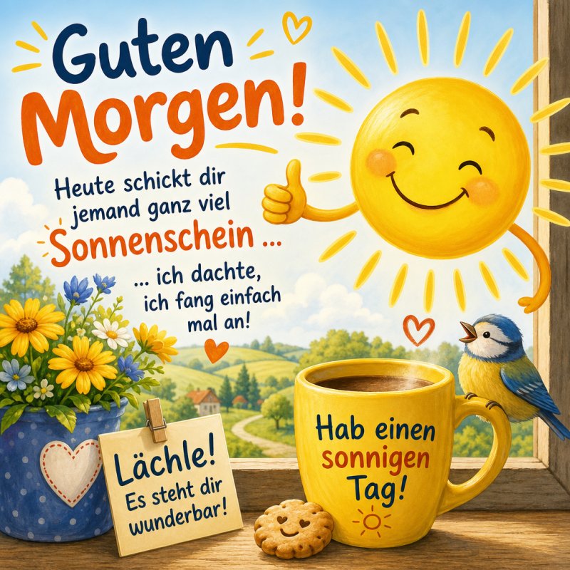 Ein fröhlicher Sonnenstrahl lächelt herunter auf eine Tasse Kaffee mit der Aufschrift 'Hab einen sonnigen Tag!' als Teil eines Guten-Morgen-Grußes.