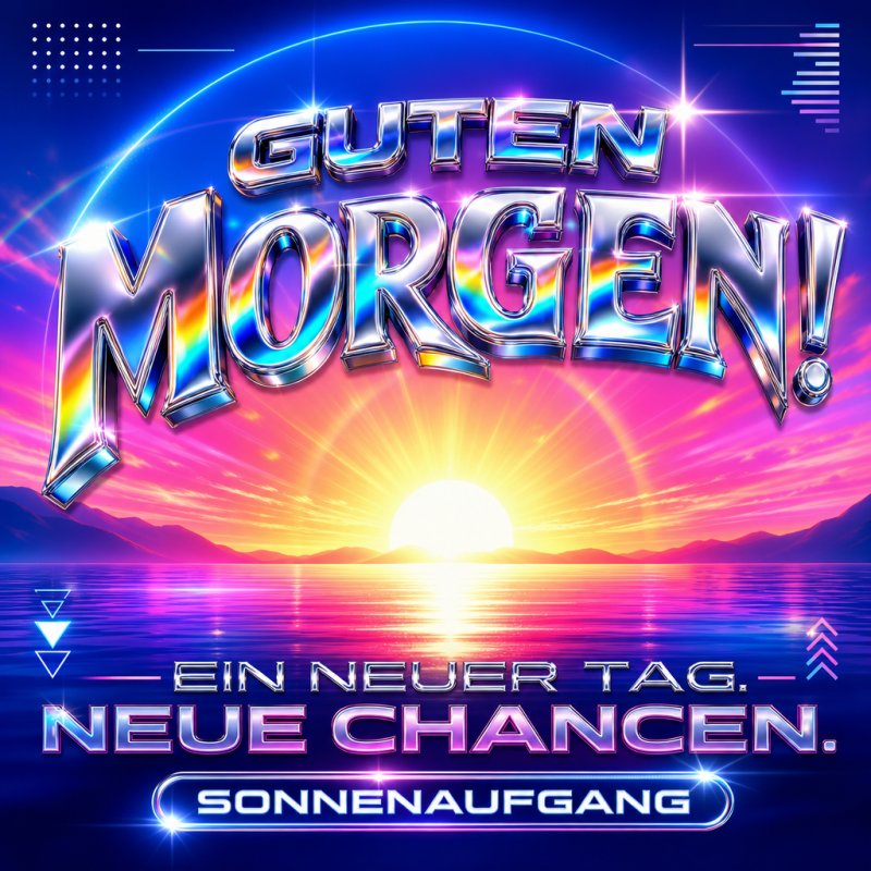 Ein farbenfroher Sonnenaufgang über dem Meer mit leuchtendem Himmel und großer 'Guten Morgen'-Schrift, perfekt für einen Guten-Morgen-Gruß.