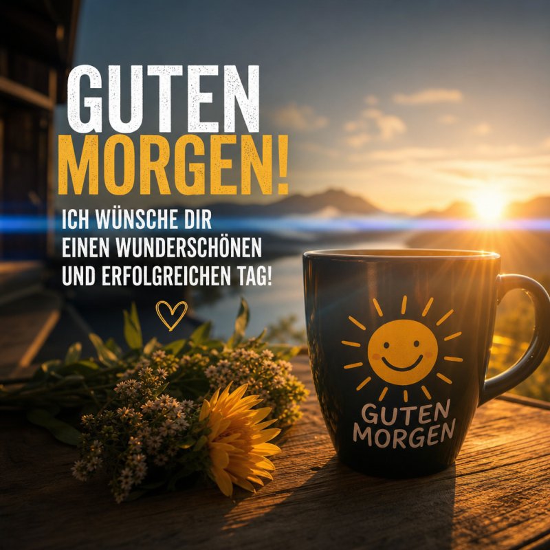 Eine blaue Tasse mit einem lachenden Sonnenmotiv und der Aufschrift 'Guten Morgen' steht vor einem Sonnenaufgang, begleitet von Blumen als Guten-Morgen-Gruß.