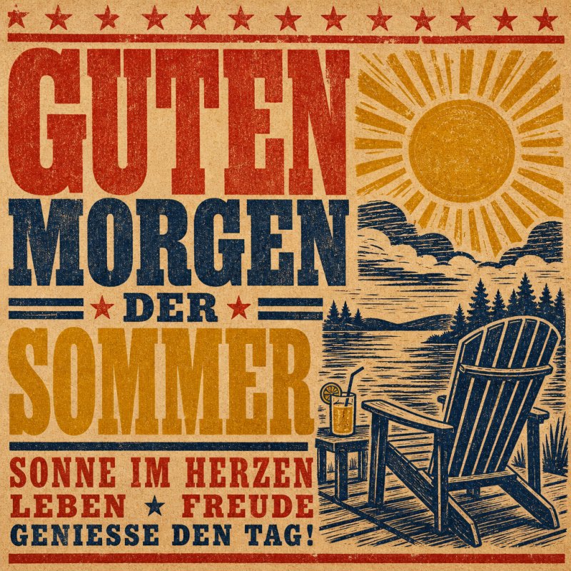Ein nostalgischer Guten-Morgen-Gruß zeigt eine Szene mit einem Holzstuhl am See, sonnigem Himmel und sommerlichem Flair in warmen Farben.