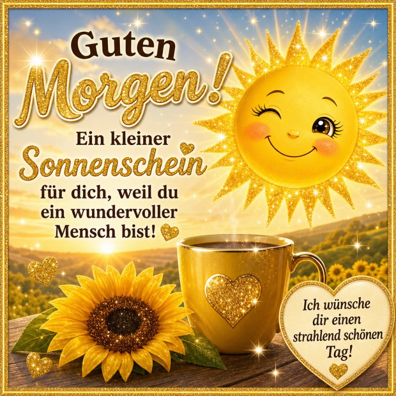 Ein funkelnder Guten-Morgen-Gruß mit einer lächelnden Sonne, goldener Kaffeetasse und Sonnenblumen vor sonniger Landschaft.