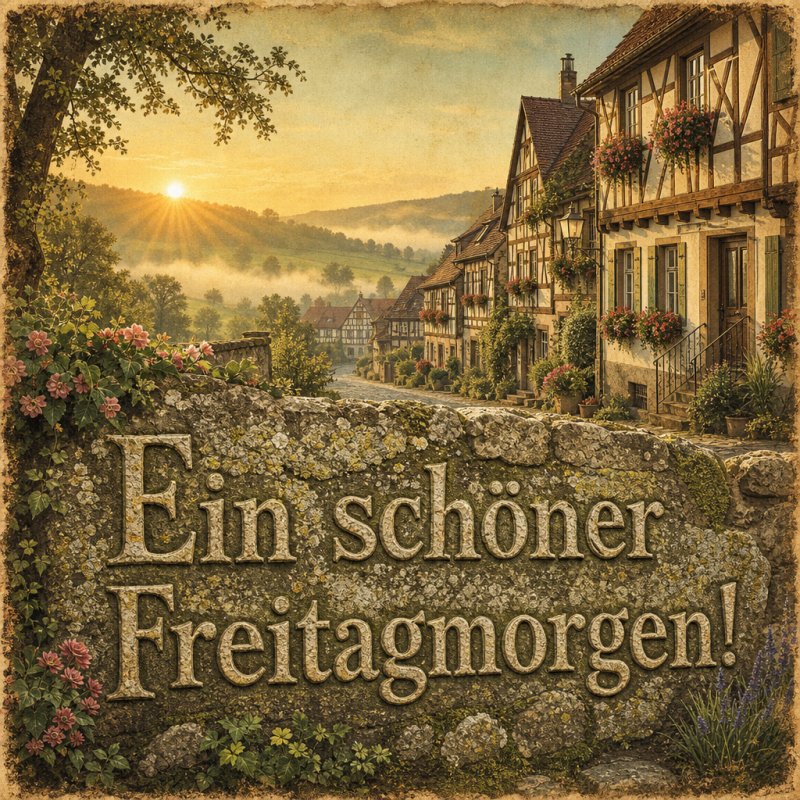 Ein bezauberndes Guten-Morgen-Bild: ein malerisches Dorf mit Fachwerkhäusern und blühenden Blumenkästen, im Stil eines Vintage-Postkarten-Drucks.