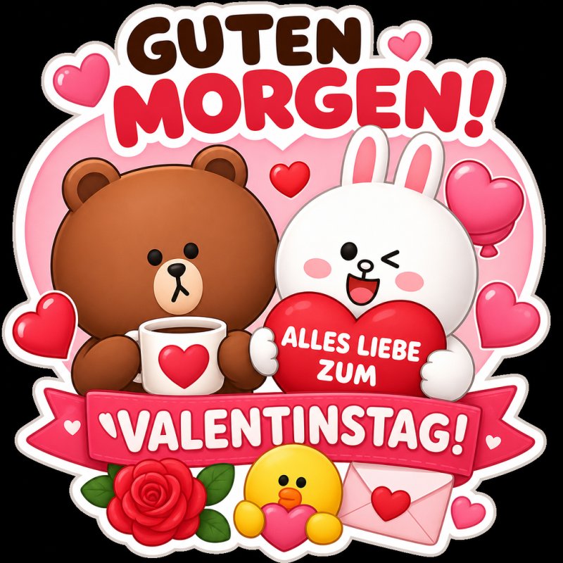 Ein Guten-Morgen-Gruß mit einem Bären und einem Hasen, die ein Herz und eine Tasse halten, umgeben von Herzen und Blumen, für Valentinstag.