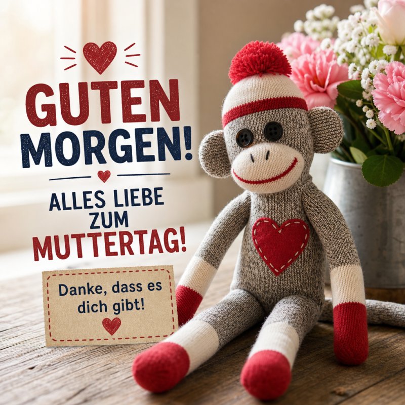 Ein gestrickter Affe mit rotem Herz sitzt neben einem Blumenstrauß und einer Karte mit der Aufschrift "Danke, dass es dich gibt!" für einen Guten-Morgen-Gruß.