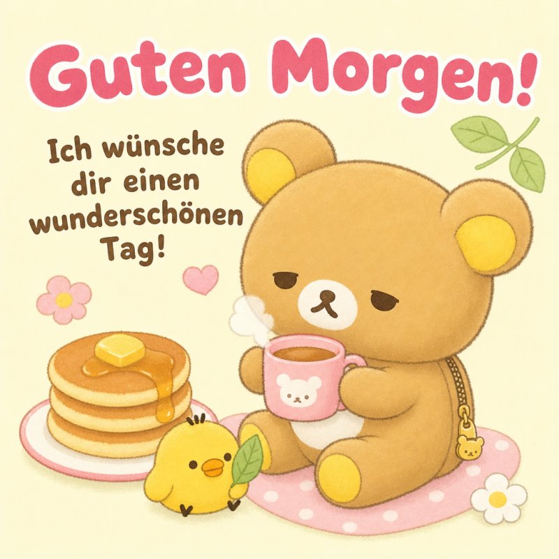 Ein niedlicher Cartoon-Bär genießt Kaffee neben einem kleinen Küken und einem Teller Pfannkuchen als Teil eines farbenfrohen Guten-Morgen-Grußes.