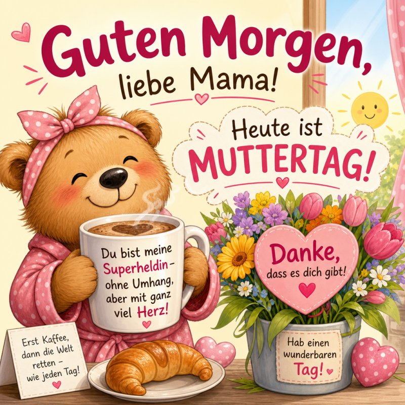 Ein lächelnder Teddybär im Bademantel hält eine Tasse mit Croissants, umgeben von Blumen, als Teil eines liebevollen Guten-Morgen-Grußes zum Muttertag.