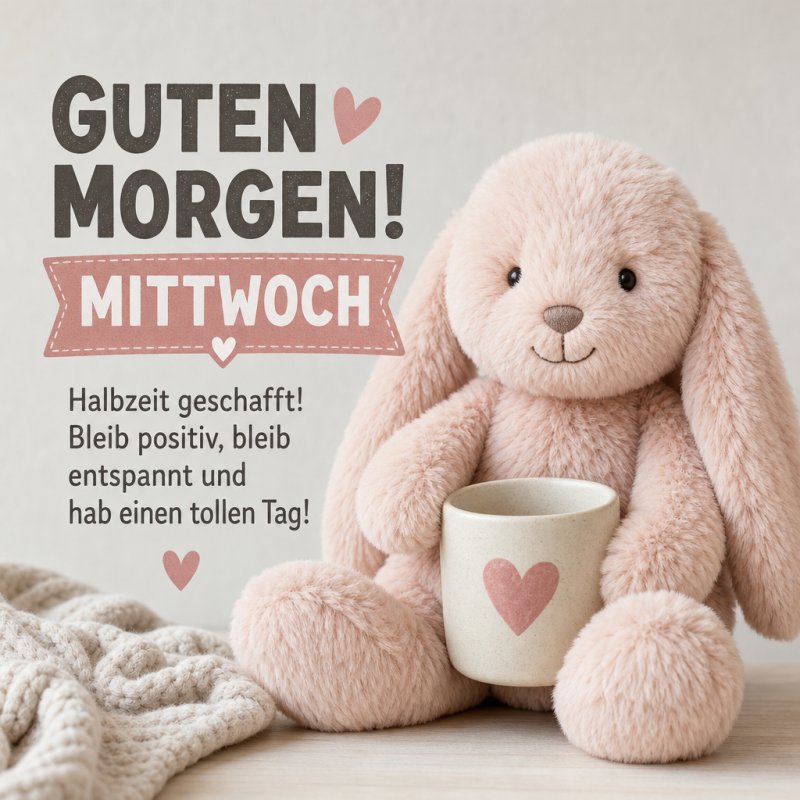 Ein flauschiger Plüschhase sitzt mit einer Herz-Kaffeetasse, begleitet von einem "Guten Morgen" und Mittwochsgruß im gemütlichen Stil.