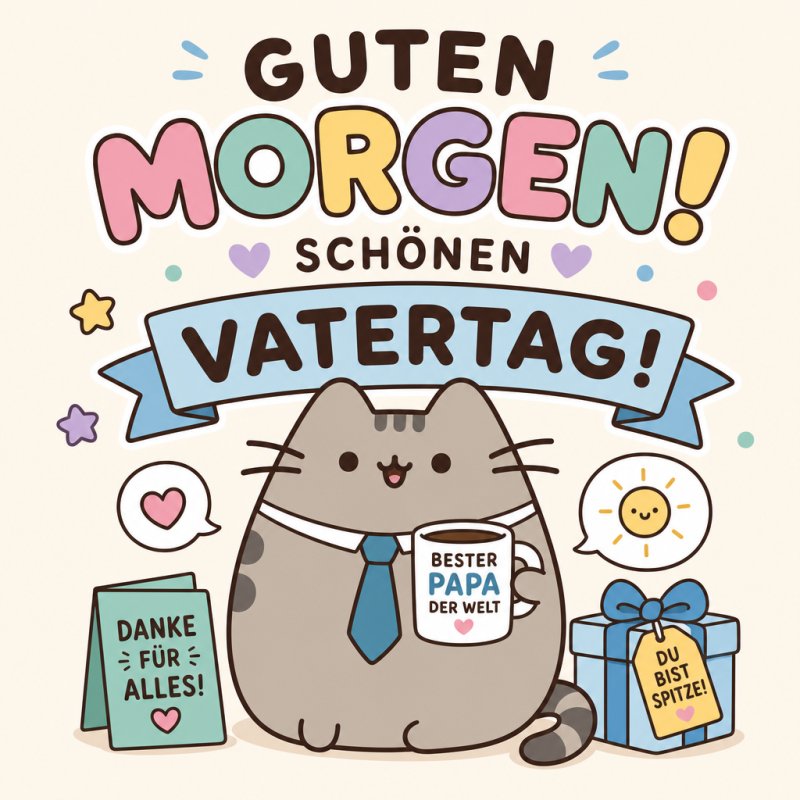 Ein niedlicher Kater mit Krawatte hält eine 'Bester Papa der Welt' Tasse, flankiert von einem Geschenk und einer Karte, als fröhlicher Guten-Morgen-Gruß.