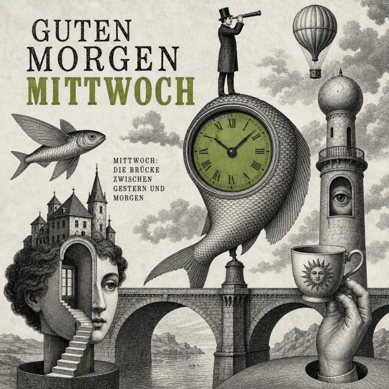 Eine surreale Guten-Morgen-Gruß-Karte zeigt eine Brücke mit Fisch und Uhr, eine Ballonfahrt und abstrakte Gesichtselemente in schwarz-weißer Collage.