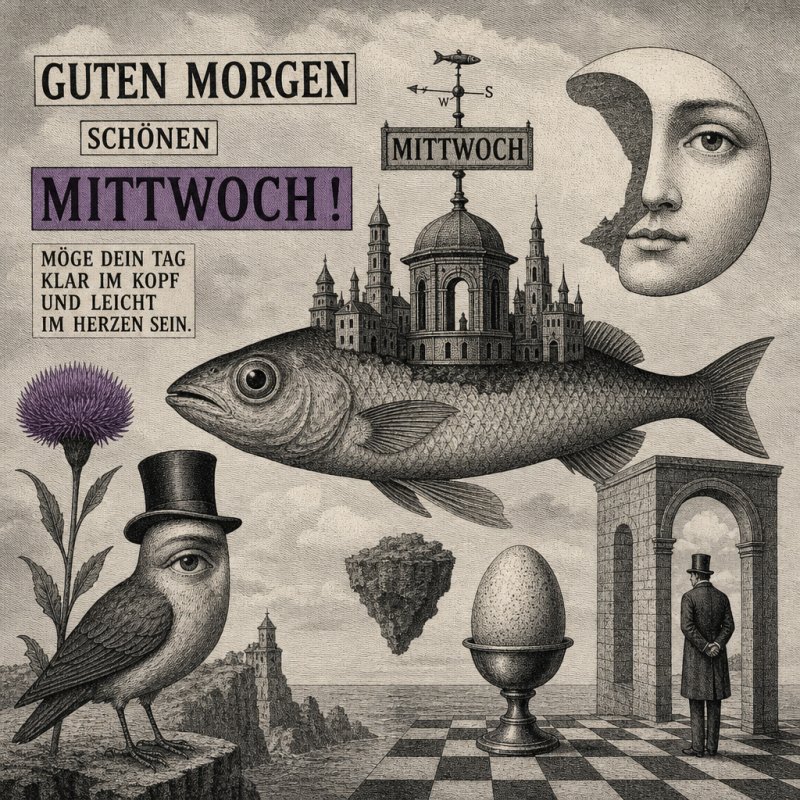 Ein surrealistisches Bild mit einem fliegenden Fisch, Architektur und einem Gesicht am Himmel, begleitet von einem eleganten Mann und Vogel für einen Guten-Morgen-Gruß.