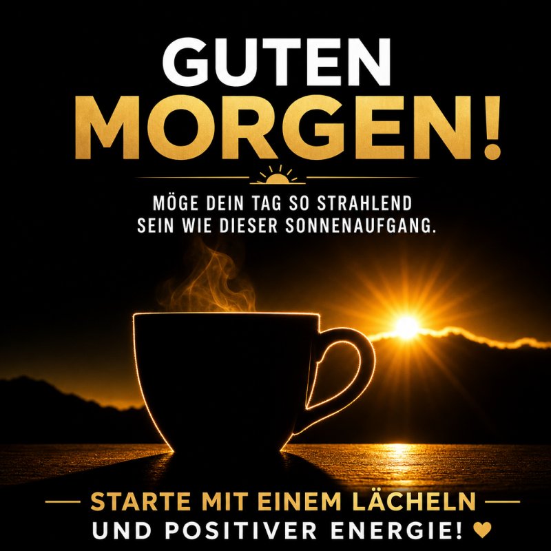 Eine dampfende Tasse Kaffee steht vor einem sonnigen Hintergrund als Guten-Morgen-Gruß, der positive Energie für den Tag vermittelt.
