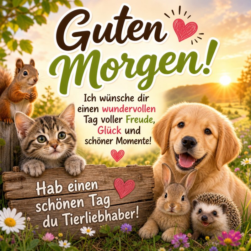 Ein fröhlicher Guten-Morgen-Gruß zeigt ein Kätzchen, einen Welpen, Kaninchen und andere Tiere vor einem sonnigen Hintergrund in der Natur.