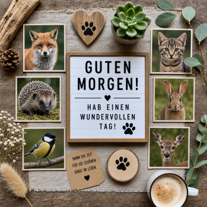 Ein Guten-Morgen-Gruß umgeben von Fotos eines Fuchses, Igels, Rehs, Hasen, einer Katze und einer Meise, mit Pflanzen und einem Kaffee stilvoll arrangiert.