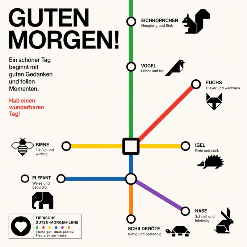 Eine stilisierte U-Bahn-Karte zeigt Tiere wie Eichhörnchen, Fuchs und Elefant mit Eigenschaften als Guten-Morgen-Gruß auf hellem Hintergrund.
