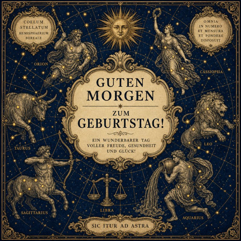 Ein opulenter Sternenhimmel mit Tierkreiszeichen, umrahmt von antiken Figuren, begleitet einen stilvollen Guten-Morgen-Gruß zur Geburtstagsfeier.