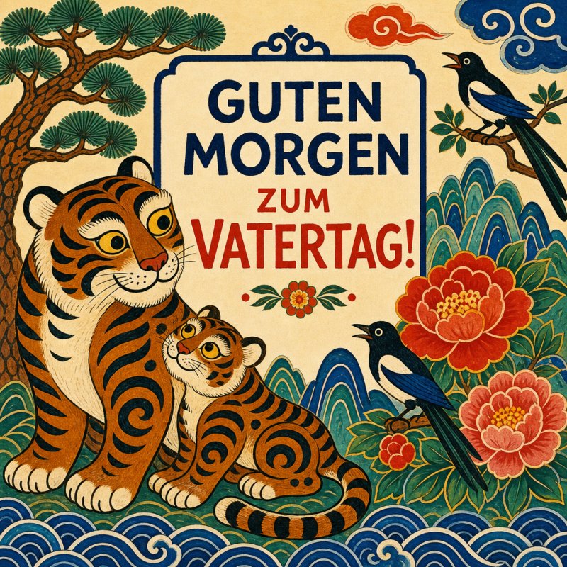Ein fröhlicher Guten-Morgen-Gruß zeigt einen Tiger und sein Junges umgeben von Blüten, Wellen und Vögeln im traditionellen Stil zum Vatertag.
