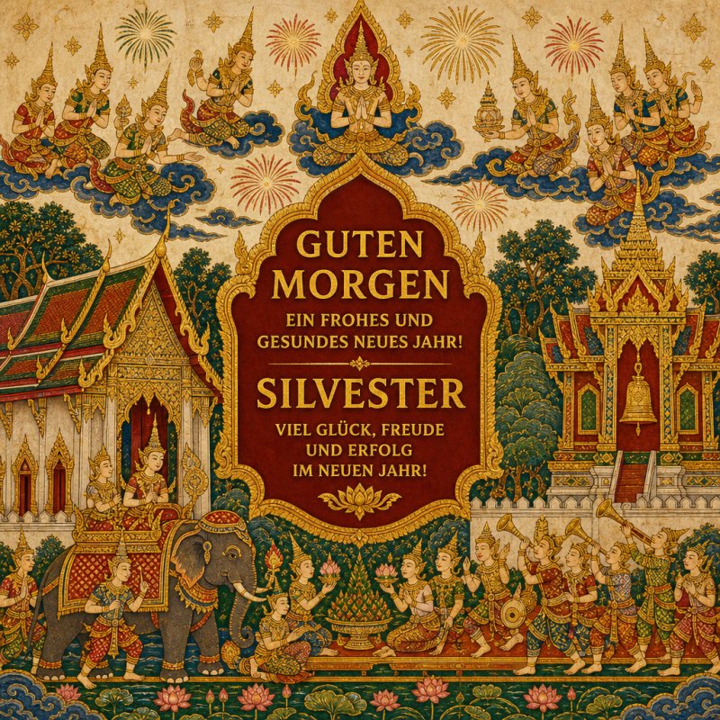 Ein prächtiger, traditionell asiatischer Guten-Morgen-Gruß mit Elefanten und Tänzern in einem festlichen Setting zur Silvesterfeier.