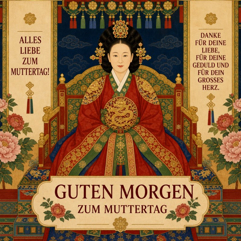 Ein traditioneller Guten-Morgen-Gruß zeigt eine elegant gekleidete Frau in rotem Gewand vor einem opulenten, blumengeschmückten Hintergrund.