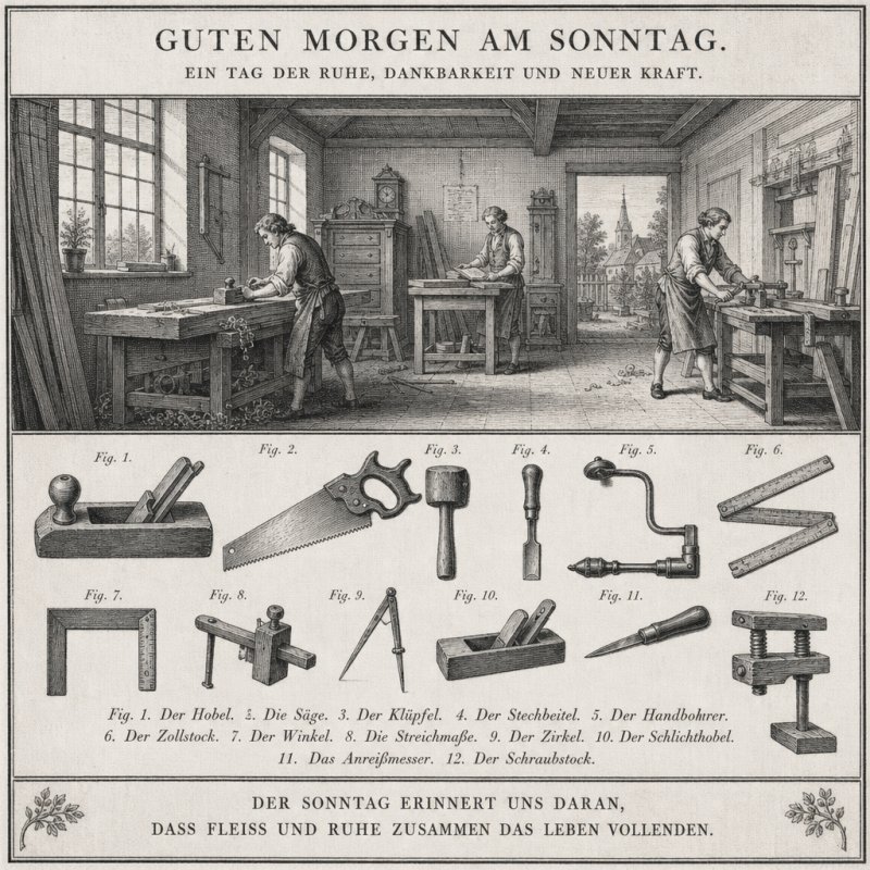 Detaillierte Zeichnung einer historischen Tischlerwerkstatt mit Handwerkern bei der Arbeit als Teil eines Guten-Morgen-Grußes für den Sonntag.