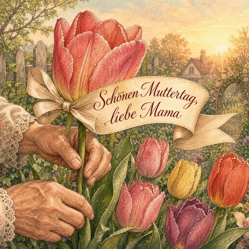 Schönen Guten-Morgen-Gruß im botanischen Stil: Frühlicht erhellt einen Garten mit blühenden Tulpen, umgeben von einem farbenfrohen Band, das den Gruß trägt.