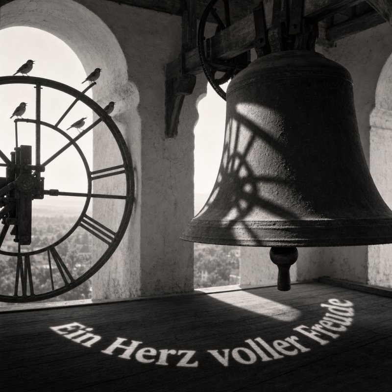 Guten-Morgen-Gruß als minimalistisches Schwarzweiß-Foto: Vögel um einen alten Glockenturm bei Sonnenaufgang, der Schriftzug 'Ein Herz voller Freude' als Schatten.
