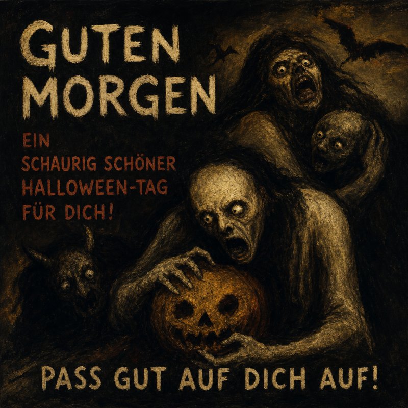 Ein düsteres Halloween-Bild zeigt furchterregende Kreaturen mit einem Kürbis und Fledermäusen; der perfekte Guten-Morgen-Gruß für Mutige.
