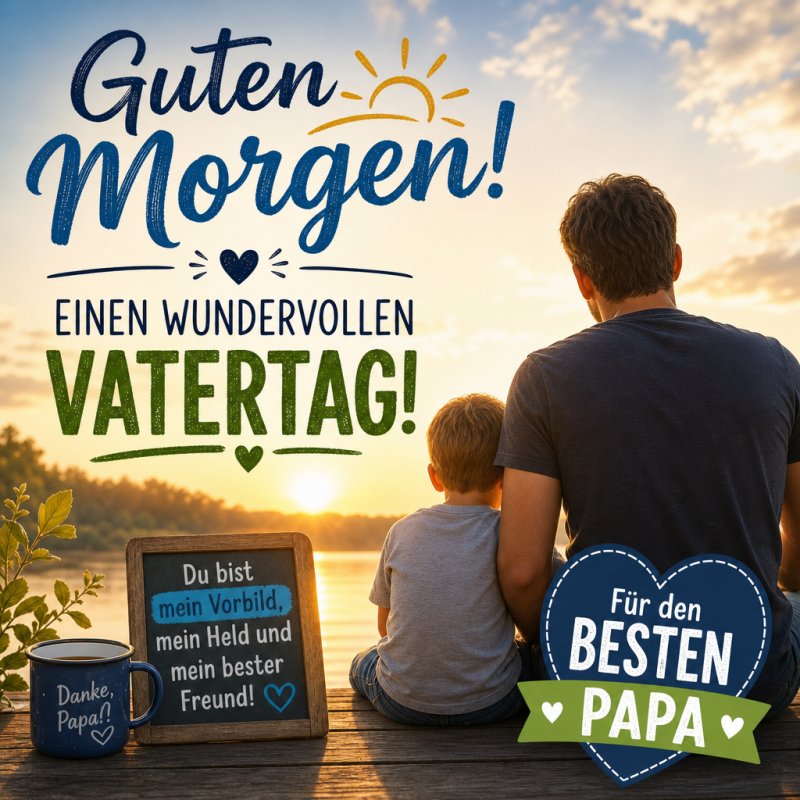 Ein Vater und Kind sitzen bei Sonnenaufgang an einem See, umgeben von herzlichen Botschaften, als Teil eines Guten-Morgen-Grußes zum Vatertag.