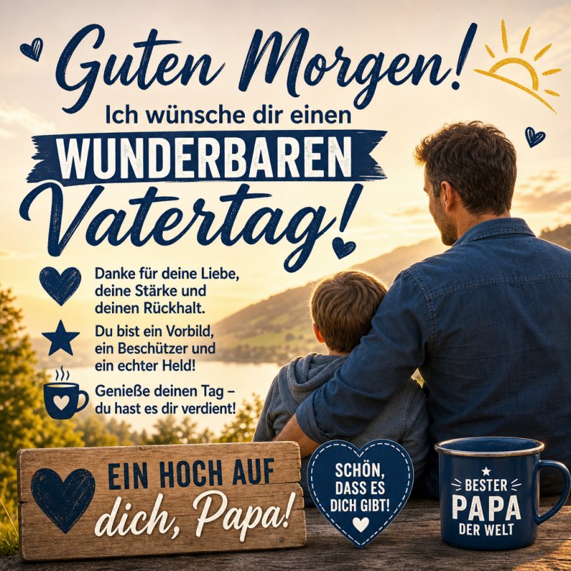 Ein Vater sitzt mit seinem Kind auf einem Hügel, umgeben von Natur, mit einem Guten-Morgen-Gruß und Vatertagstext auf der Karte.
