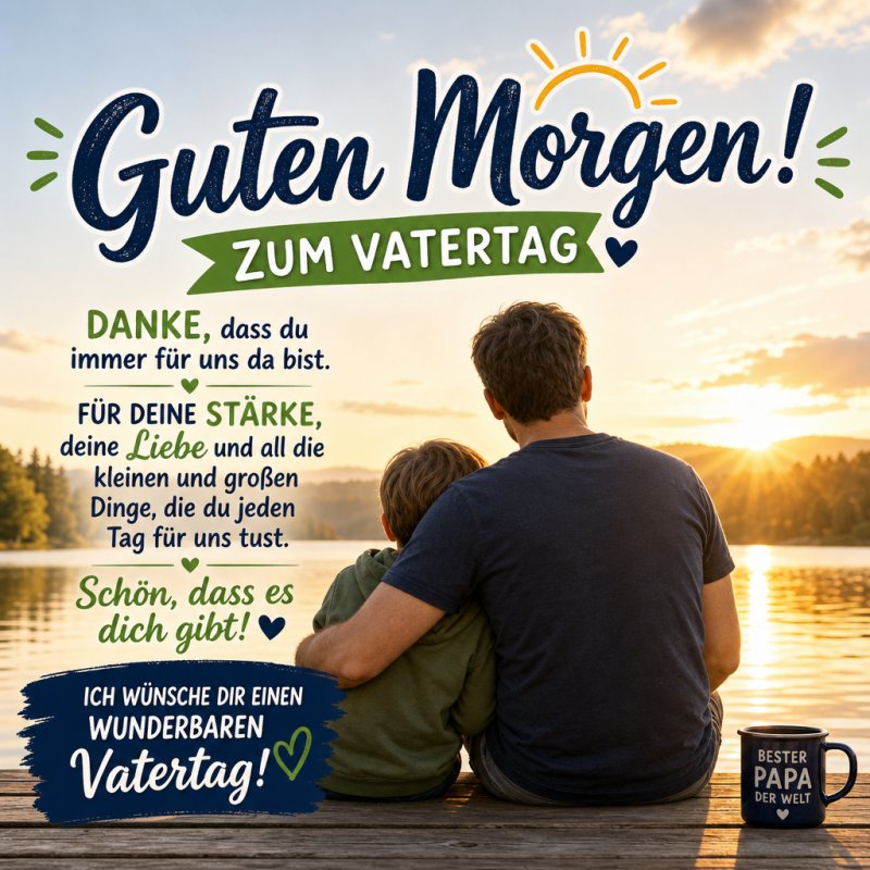 Ein Vater und Sohn sitzen an einem See und betrachten einen Sonnenuntergang, begleitet von einem herzlichen Guten-Morgen-Gruß zum Vatertag.